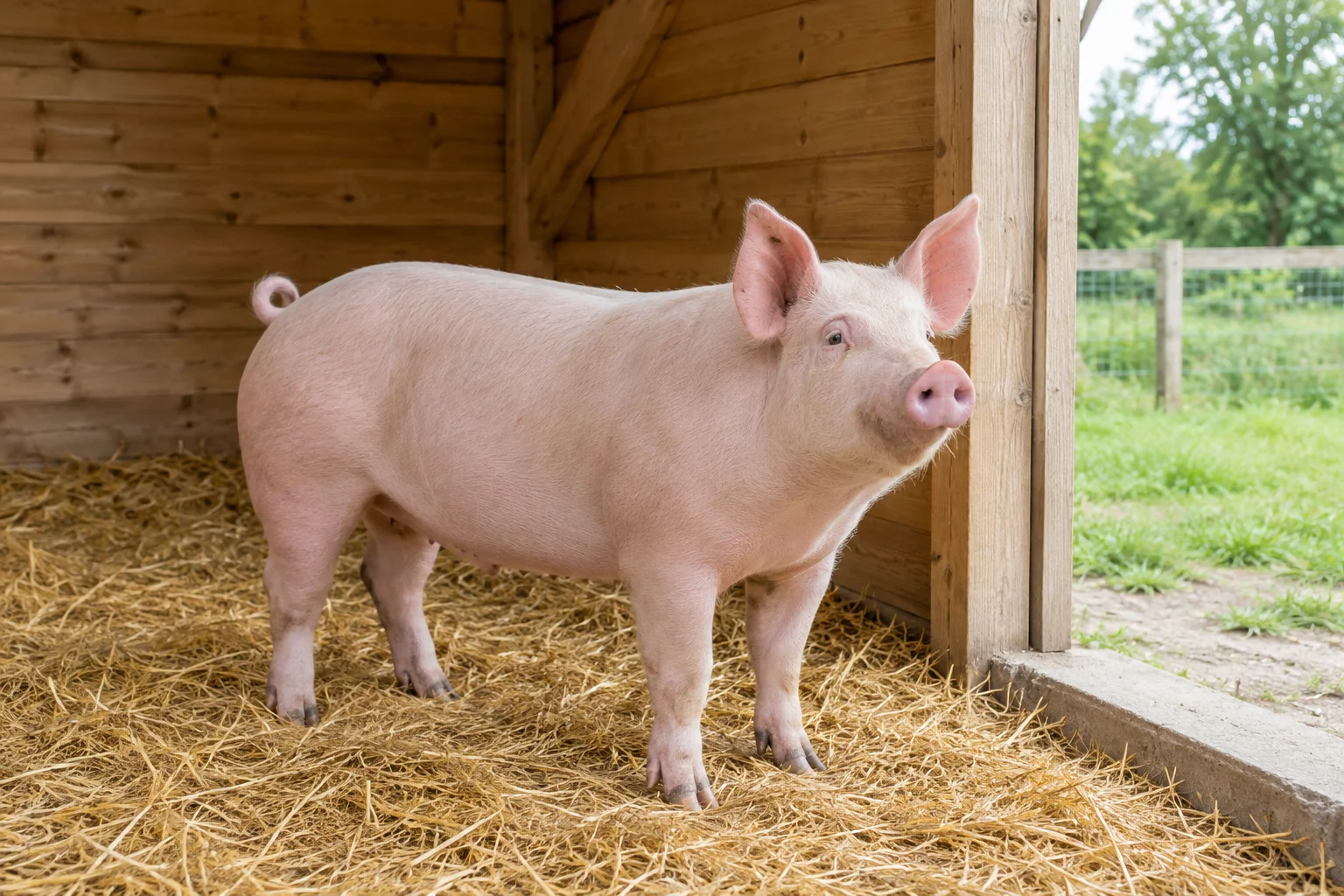 Een lichtroze varken staat op stro in een houten schuilruimte, naast een open doorgang naar een omheinde groene buitenruimte.