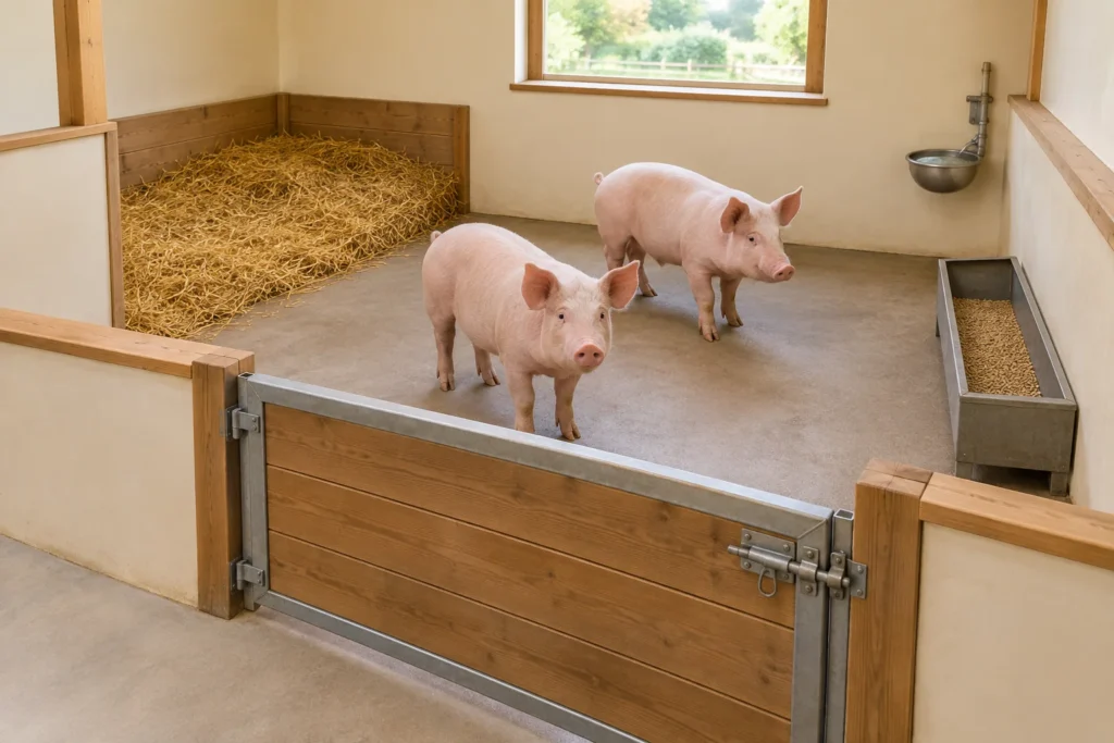 Twee varkens in een hok met een afsluitbare toegang, stro in een rusthoek en aparte voer- en drinkbakken.