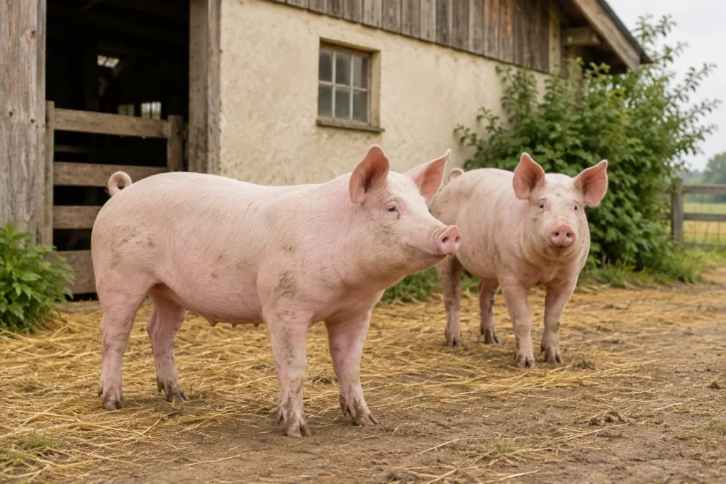 Twee roze varkens staan op een erf met stro voor een schuur.