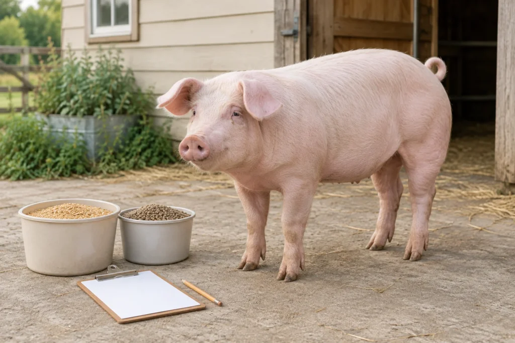 Een lichtroze varken staat op een erf naast twee bakken met voer, een klembord met leeg papier en een potlood.