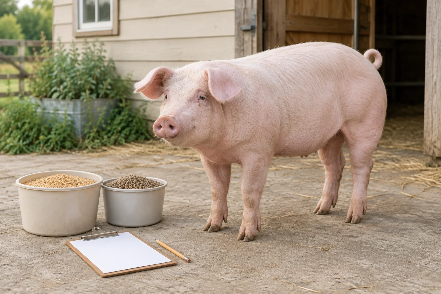 Een lichtroze varken staat op een erf naast twee bakken met voer, een klembord met leeg papier en een potlood.