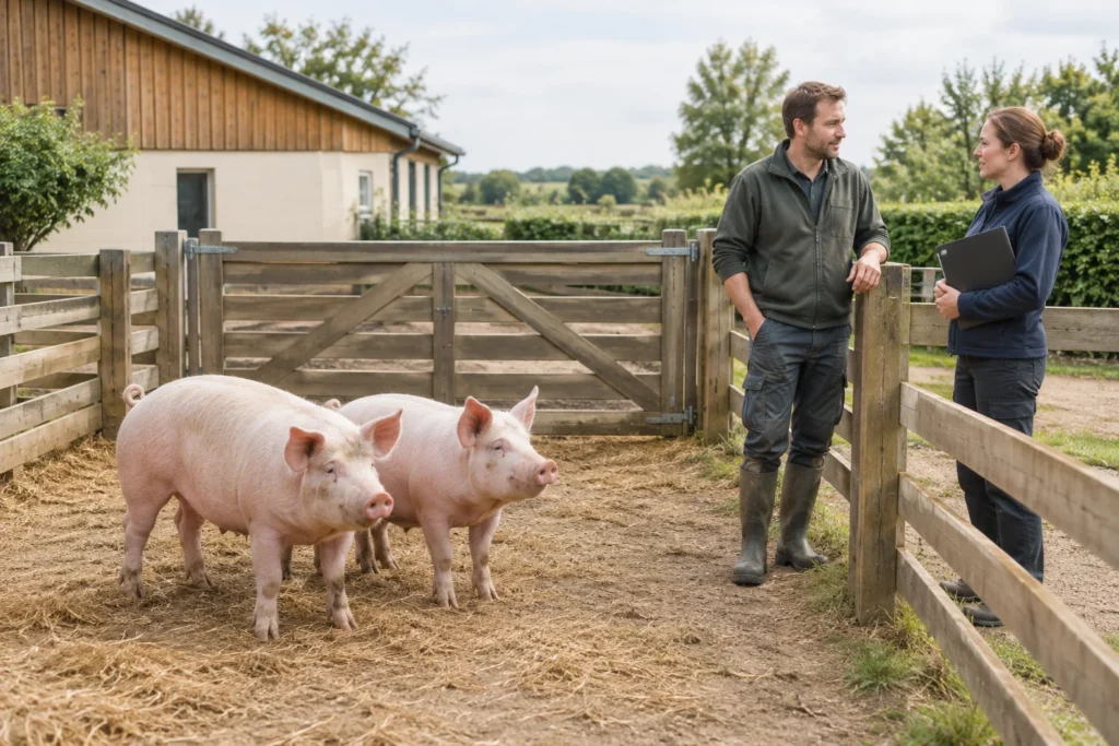 Twee varkens in een omheining, met twee mensen die bij het hek overleggen. Een van hen houdt een klembord vast.