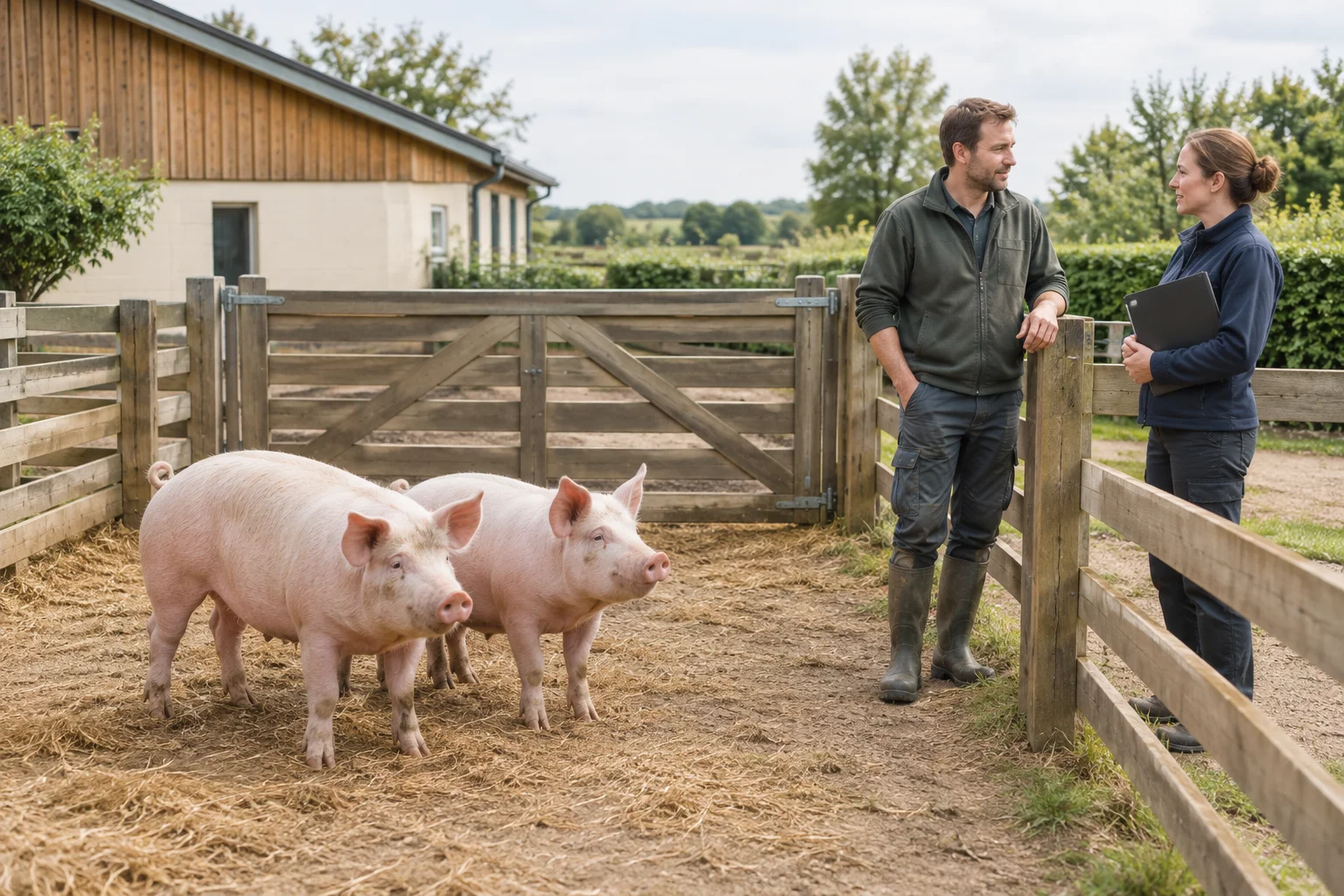 Twee varkens in een omheining, met twee mensen die bij het hek overleggen. Een van hen houdt een klembord vast.
