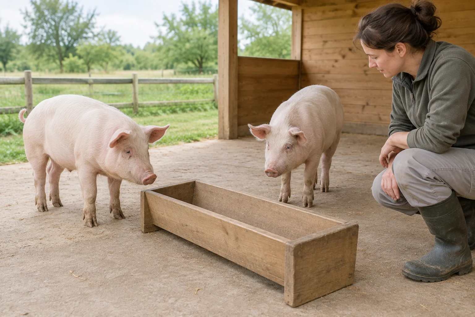 Twee varkens staan bij een lege houten voerbak terwijl een vrouw de bak bekijkt.