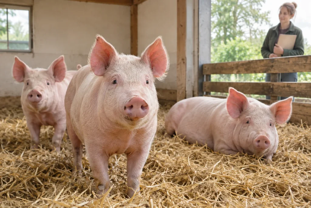 Drie roze varkens op stro in een stal, met een persoon met een klembord achter het hek.