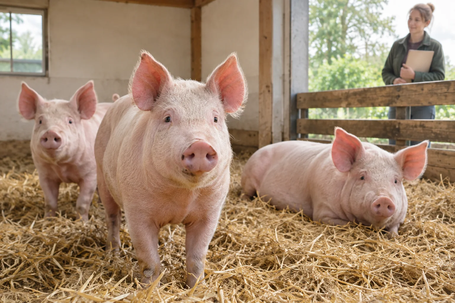 Drie roze varkens op stro in een stal, met een persoon met een klembord achter het hek.