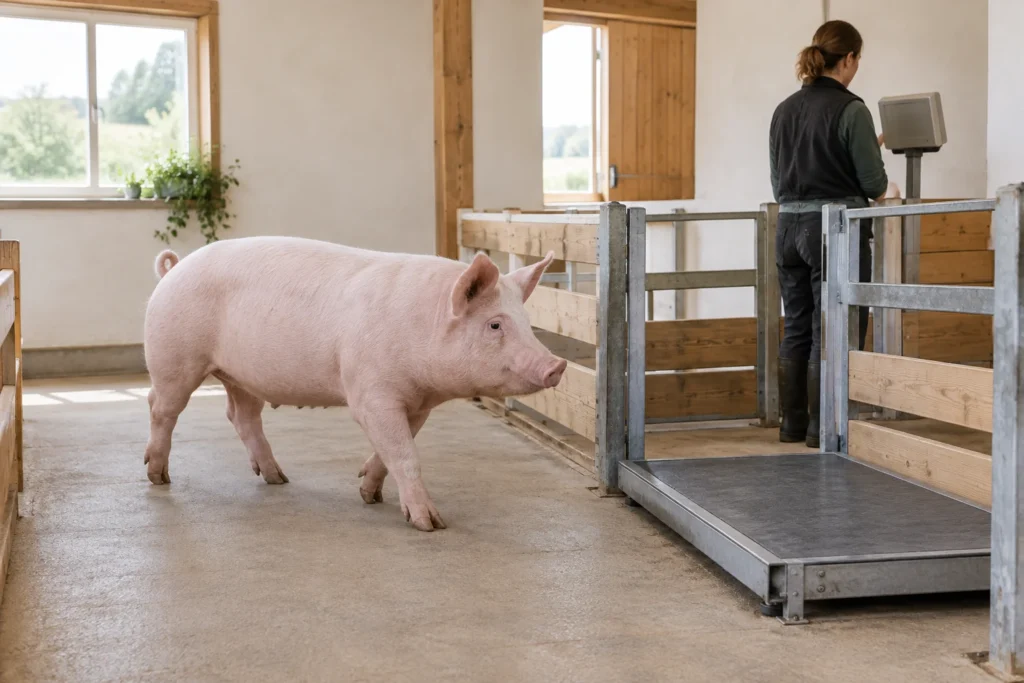 Een varken loopt naar een weegplatform terwijl een medewerker bij de weegindicator staat.
