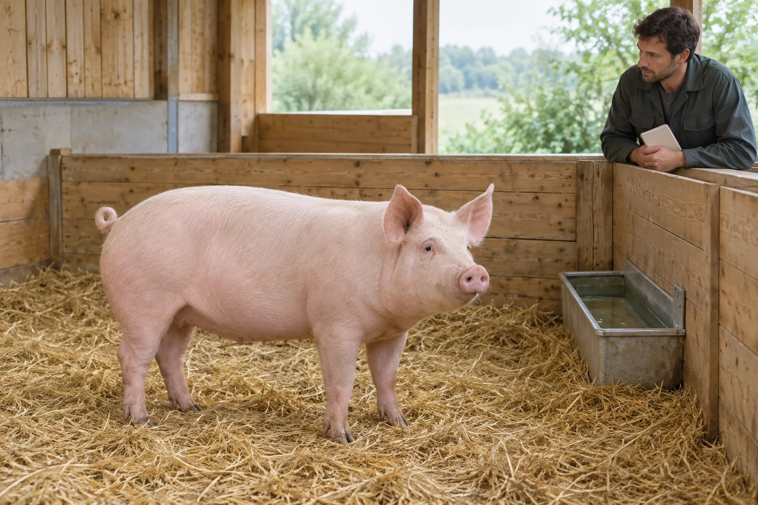 Een roze varken staat op stro in een houten hok. Een houder kijkt vanaf de andere kant van de afscheiding toe met een gesloten notitieboekje in de hand.