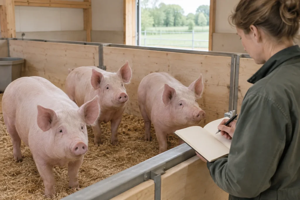 Drie roze varkens staan in een stal terwijl een houder bij het hok kijkt met een open notitieboek en pen.
