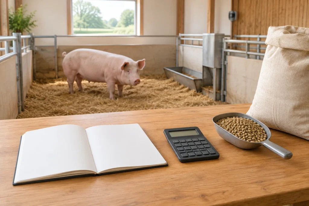 Roze varken in een stal met stro; op de voorgrond liggen een notitieboek, rekenmachine en voer.