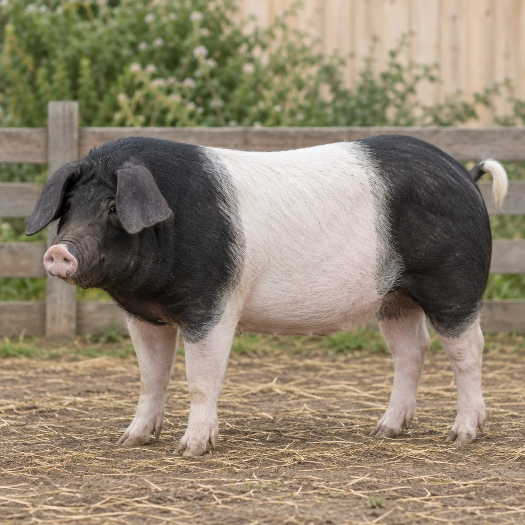 Een volwassen zwart wit varken met hangoren staat met alle vier de poten zichtbaar op een erf voor een houten omheining.