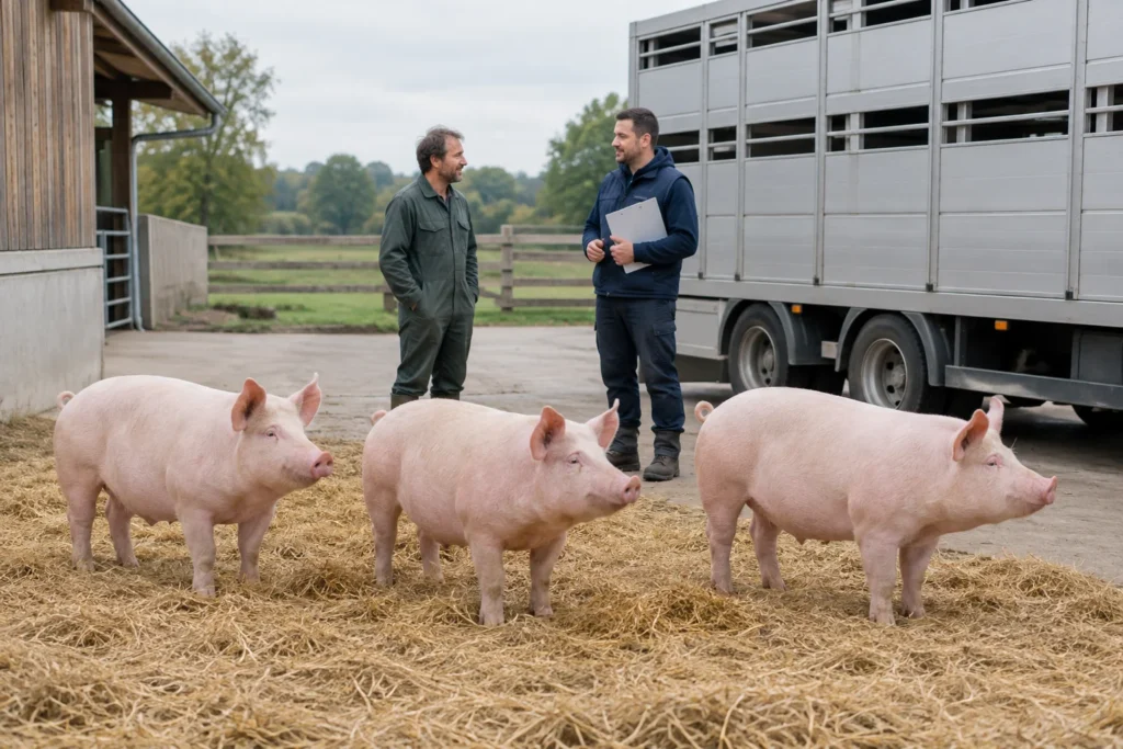 Drie roze varkens staan op stro naast een veewagen. Twee mannen staan erbij, van wie één met een klembord.