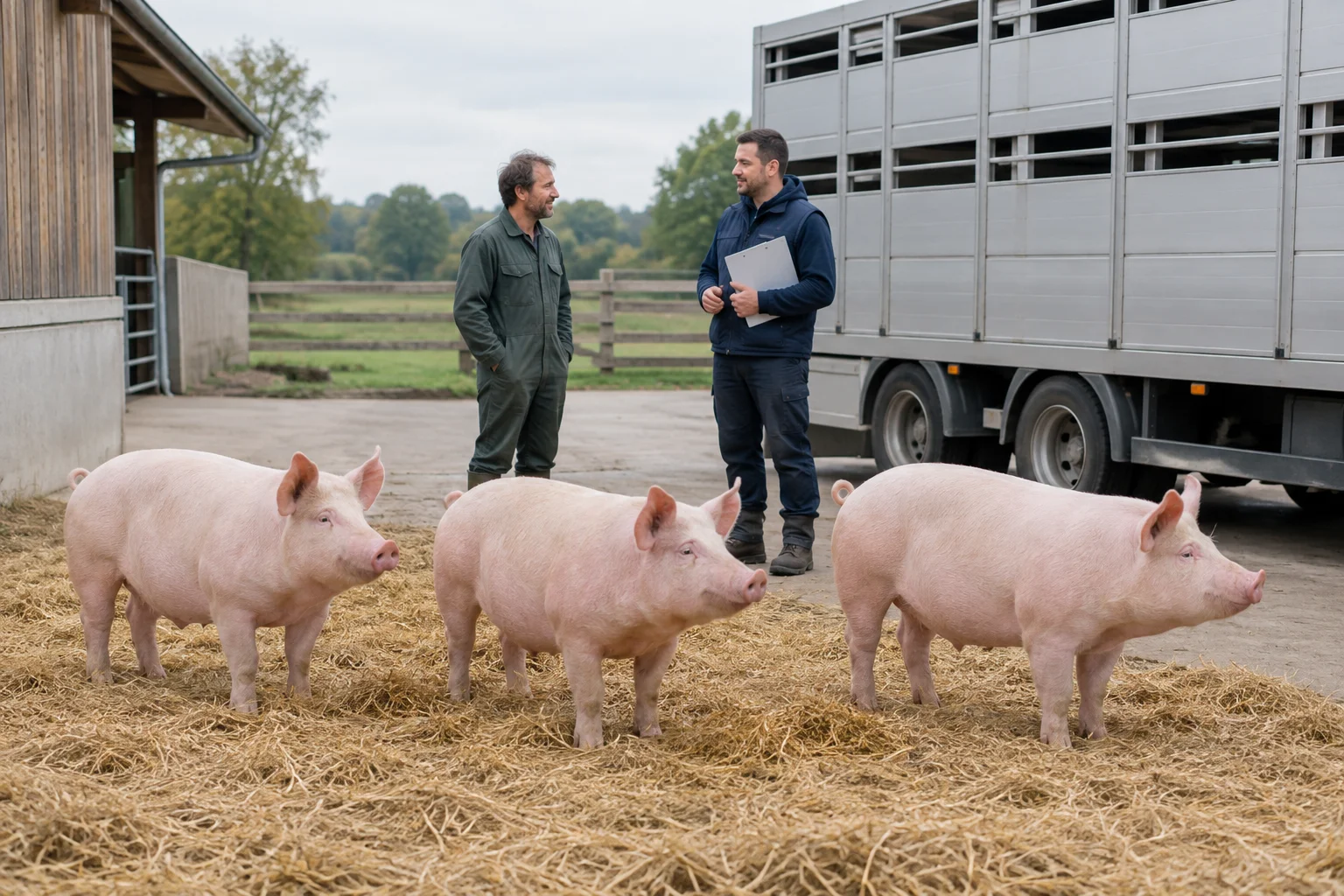 Drie roze varkens staan op stro naast een veewagen. Twee mannen staan erbij, van wie één met een klembord.
