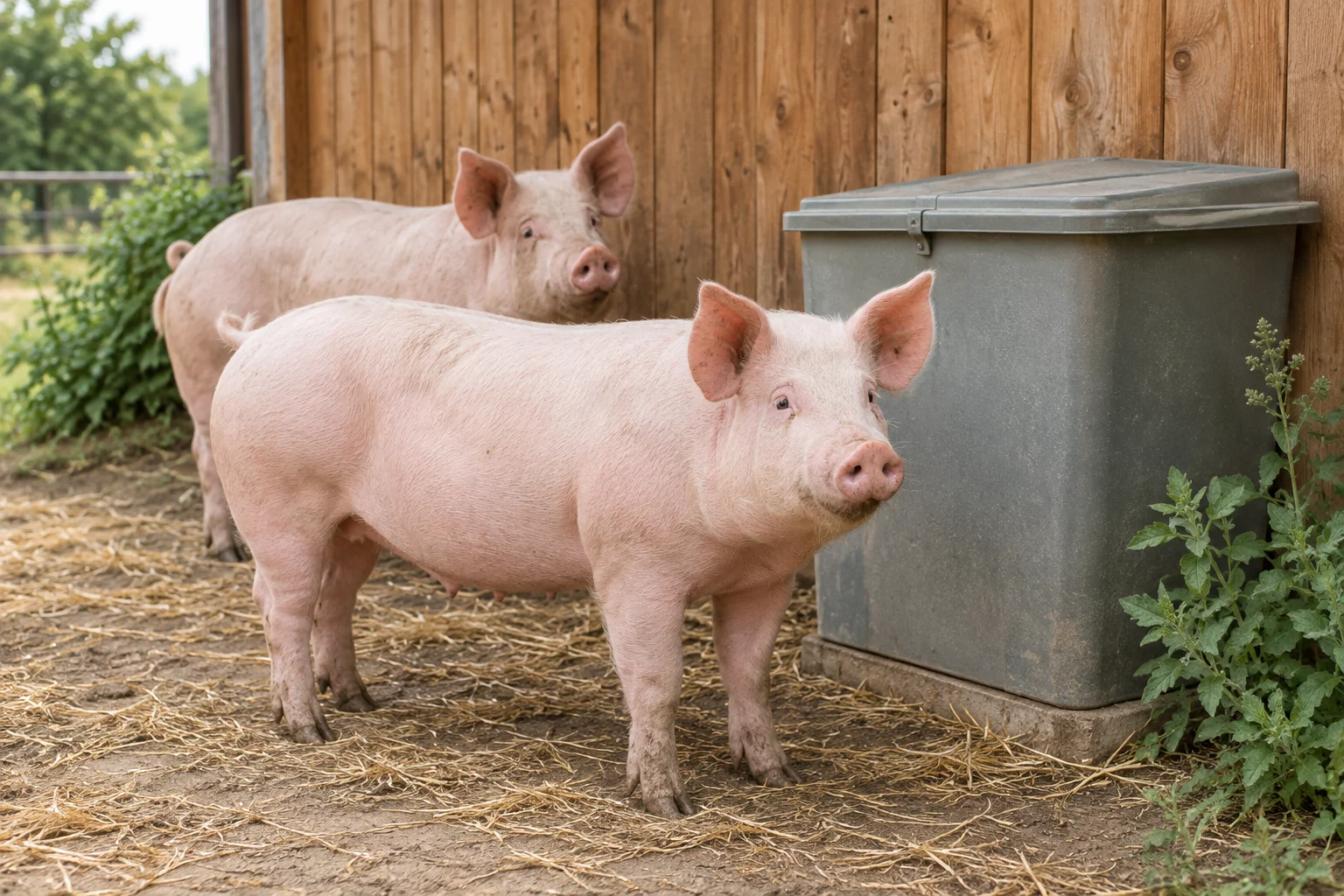 Twee roze varkens staan op een bodem met stro naast een gesloten grijze bak bij een houten schuur.