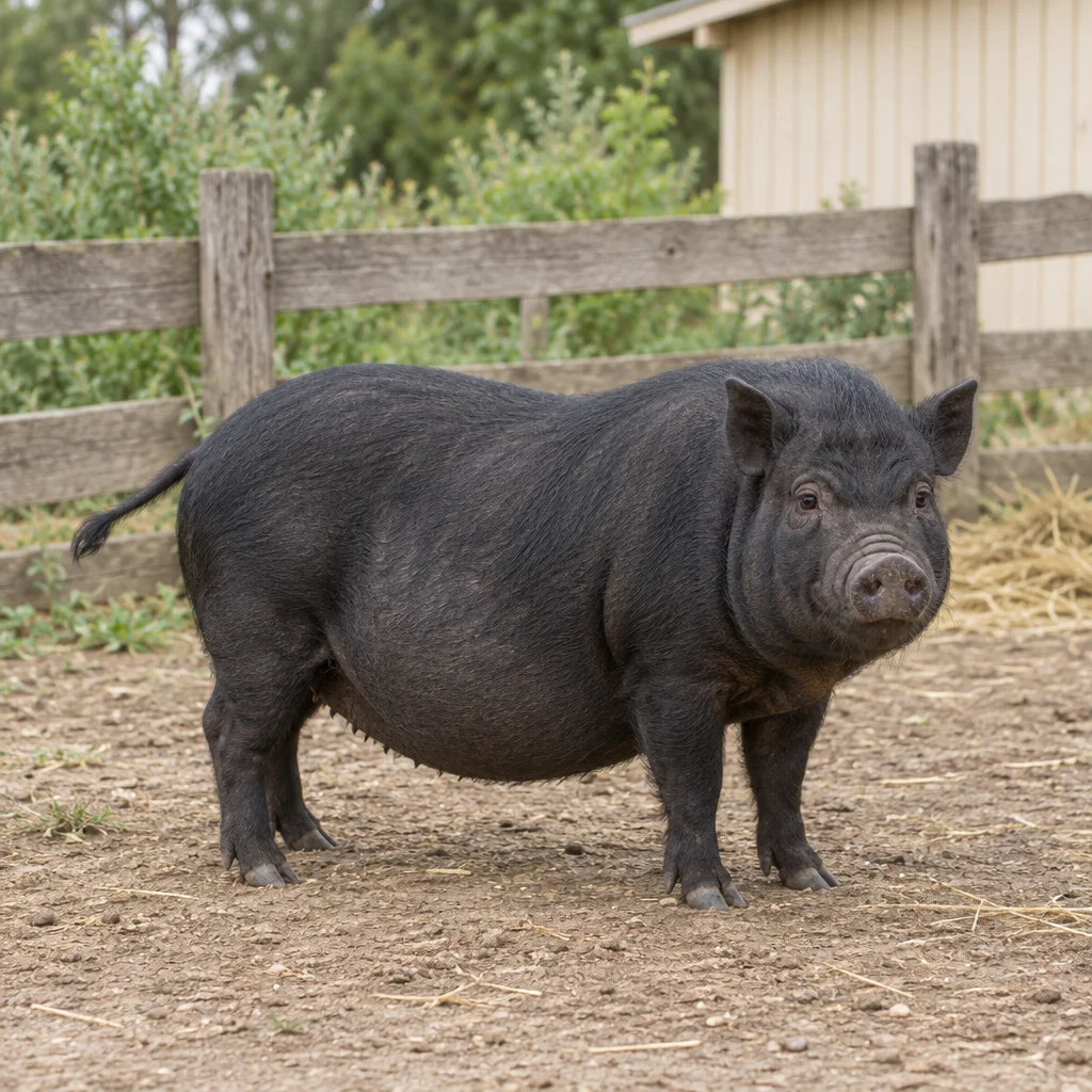 Zwart varken met rechtopstaande oren en een hangende buik, volledig zichtbaar in een omheinde uitloop.