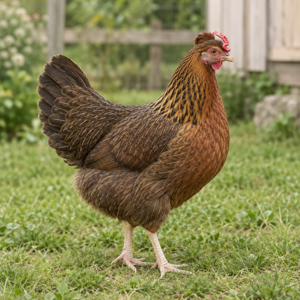 Illustratie van een wildbruine Altsteirer hen met een kleine verenschop, staand in het gras.