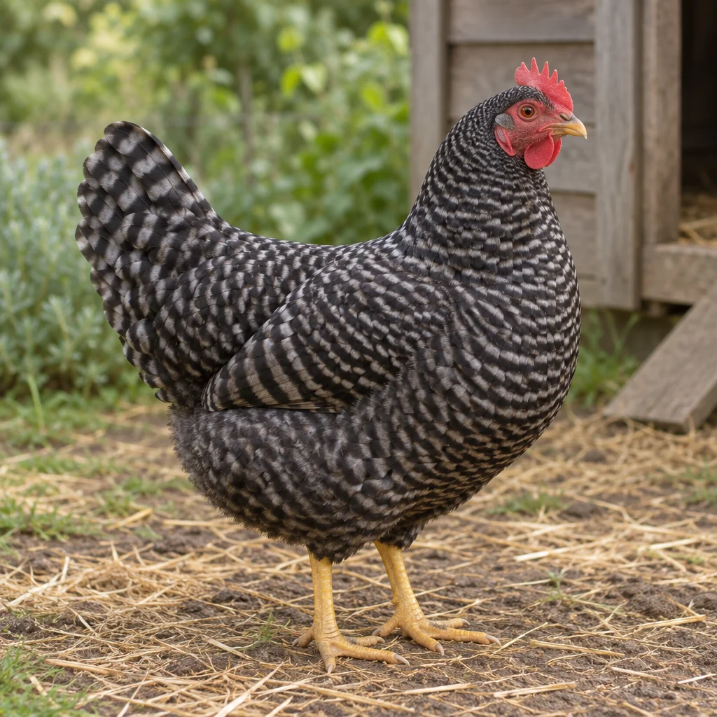 Illustratie van een gestreepte hen van het Amrocktype met een rode kam en gele poten bij een kippenhok.