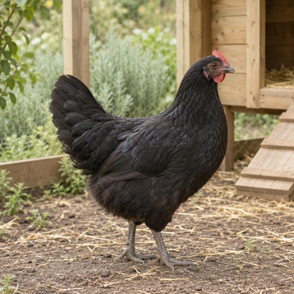Illustratie van een zwarte hen met een rode kam naast een houten kippenhok.