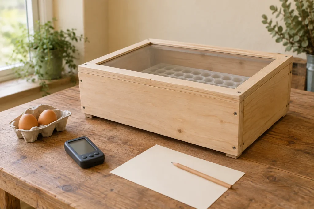 Houten kast met doorzichtig deksel en lege eierhouder op een werktafel, naast twee eieren, een meetapparaat met uitgeschakeld scherm, blanco papier en een potlood.