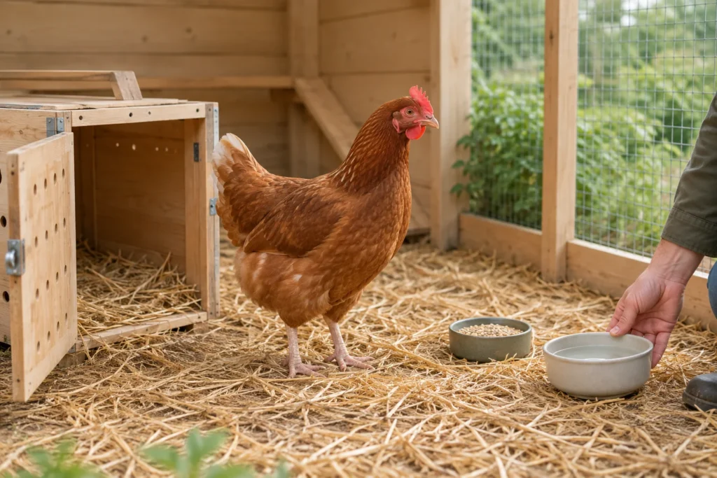 Bruine hen in een verblijf met stro, naast een open houten transportkist. Een hand zet een waterbak neer.