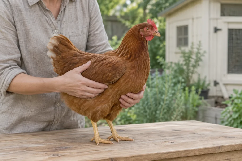 Een bruine hen staat op een houten tafel terwijl iemand haar met beide handen rustig vasthoudt, met een hand onder de borst.