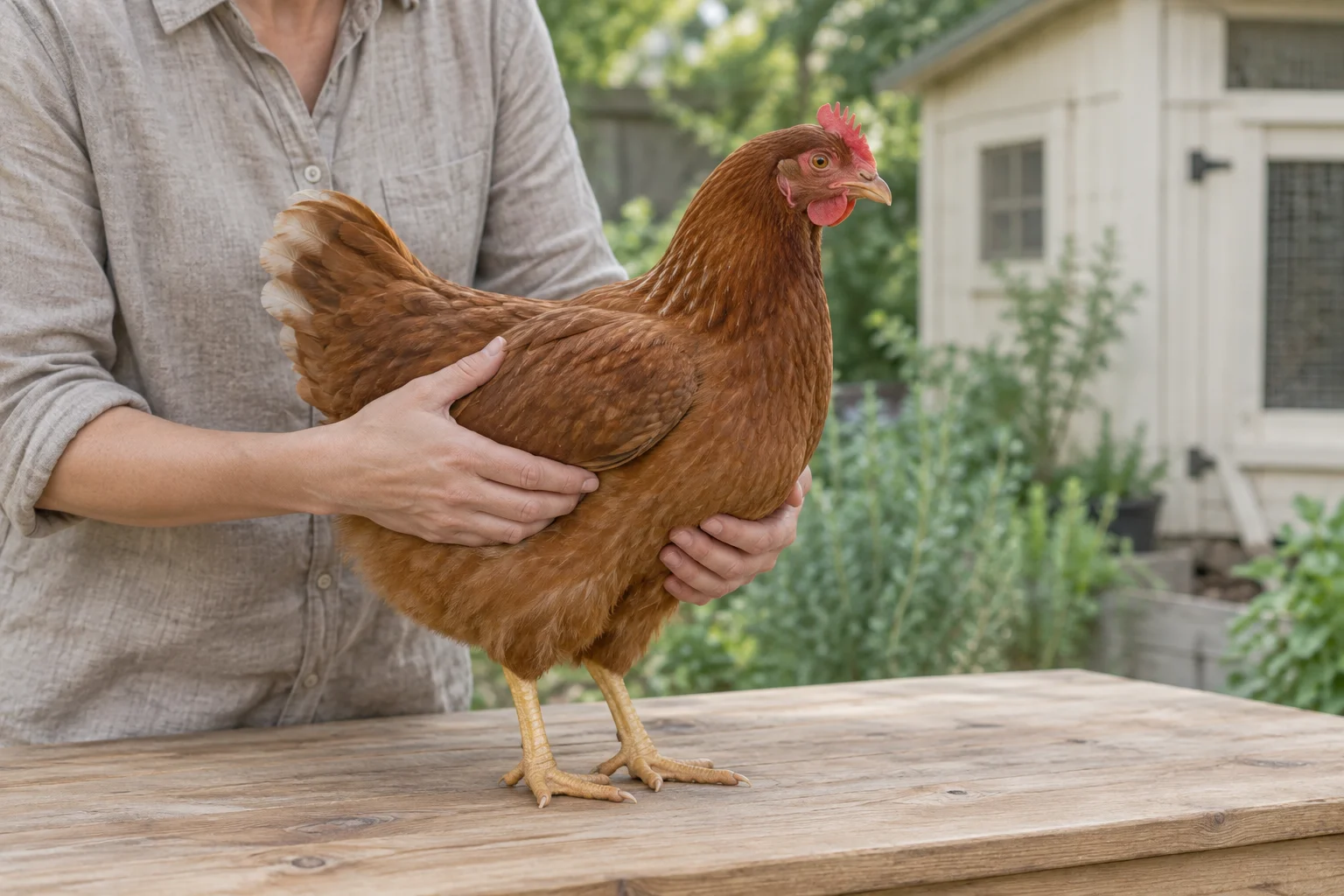 Een bruine hen staat op een houten tafel terwijl iemand haar met beide handen rustig vasthoudt, met een hand onder de borst.