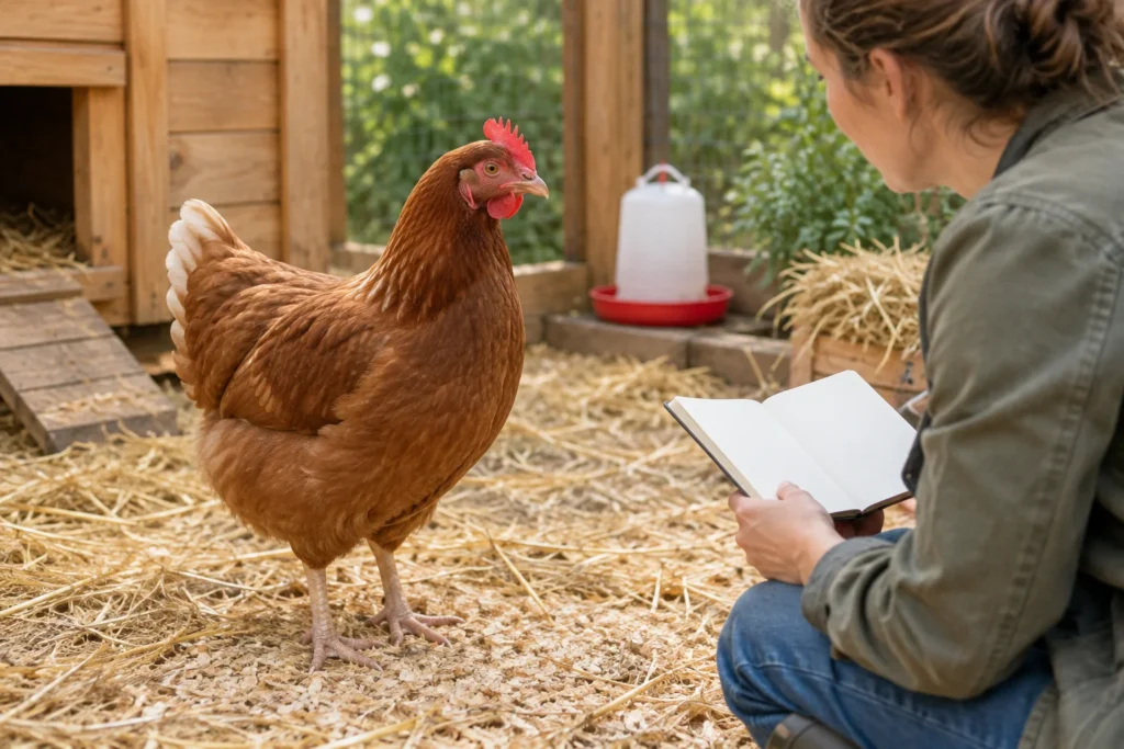 Een bruine hen staat op stro in een kippenhok, terwijl een houder naast haar zit met een open, leeg notitieboek.