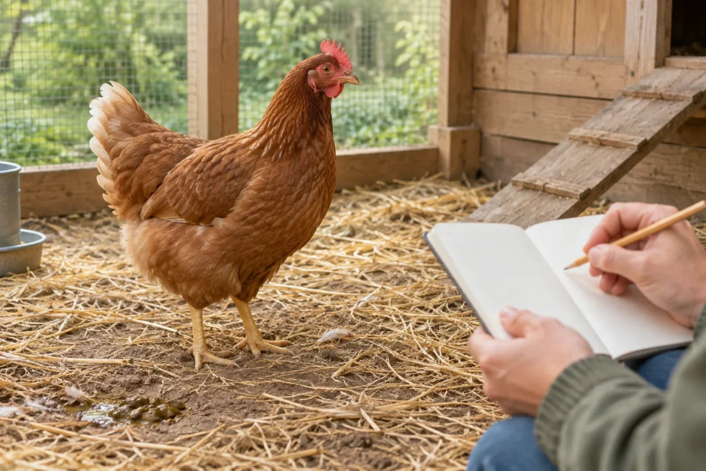 Bruine hen in een ren, naast een verzorger met een leeg notitieboek en potlood. Op de grond ligt stro en mest.