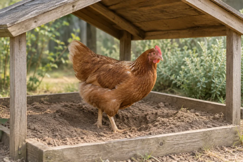 Bruine hen staat in losse aarde in een lage houten bak onder een houten afdak.