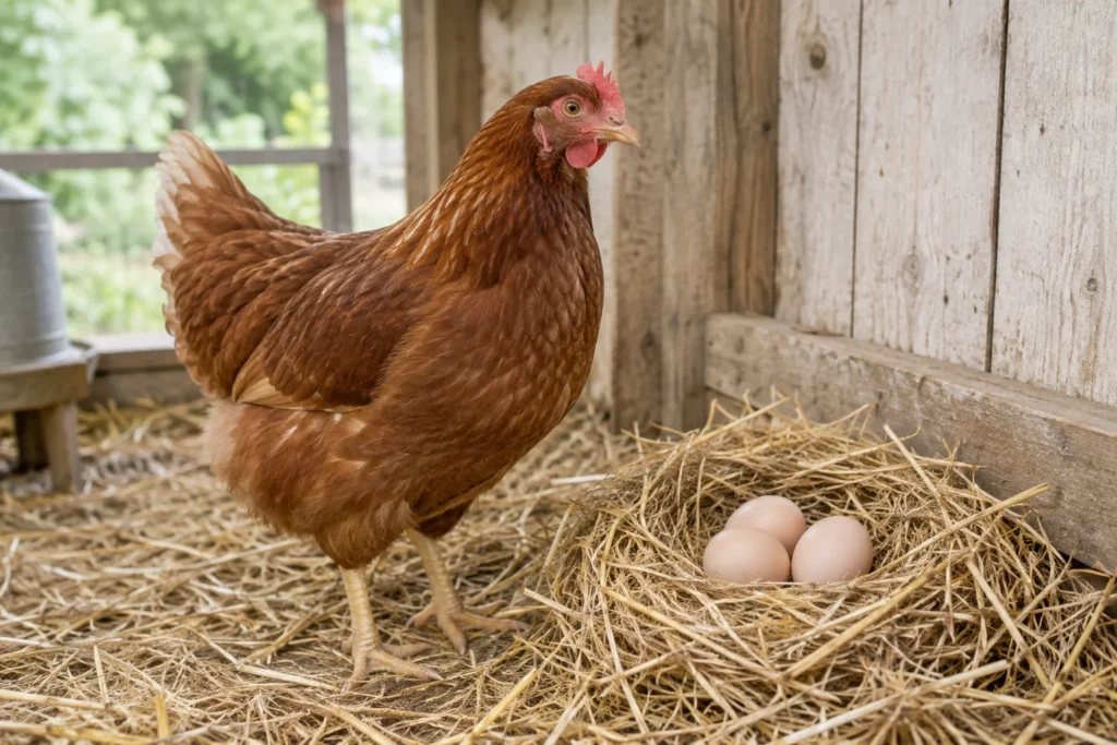 Bruine hen staat naast een nest van stro met drie eieren in een houten kippenhok.