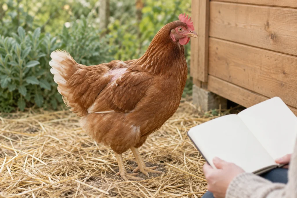 Bruine kip met een plek dunne bevedering op de rug, naast iemand met een leeg notitieboek.