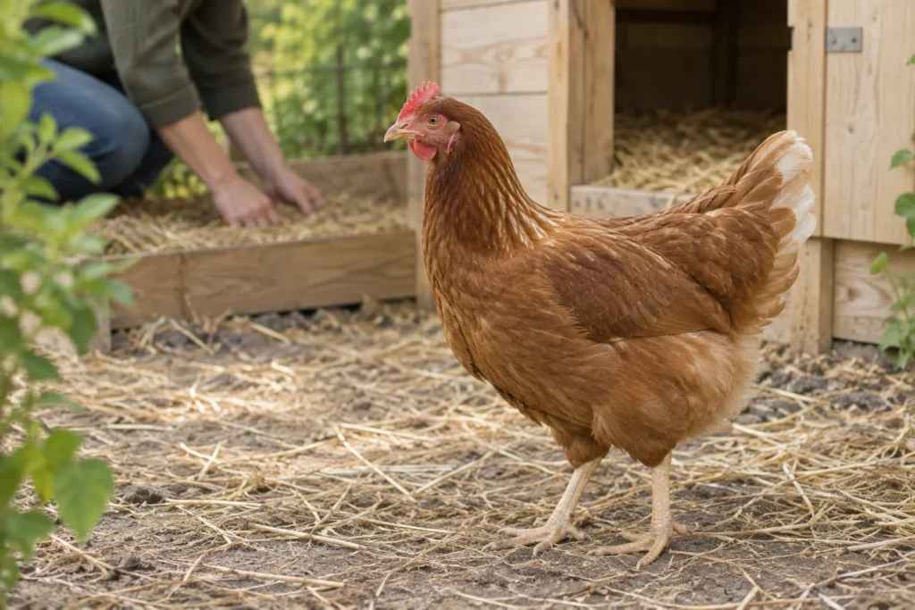 Bruine hen staat met beide poten zichtbaar op stro en aarde voor een houten kippenhok, terwijl iemand op de achtergrond het stro bekijkt.