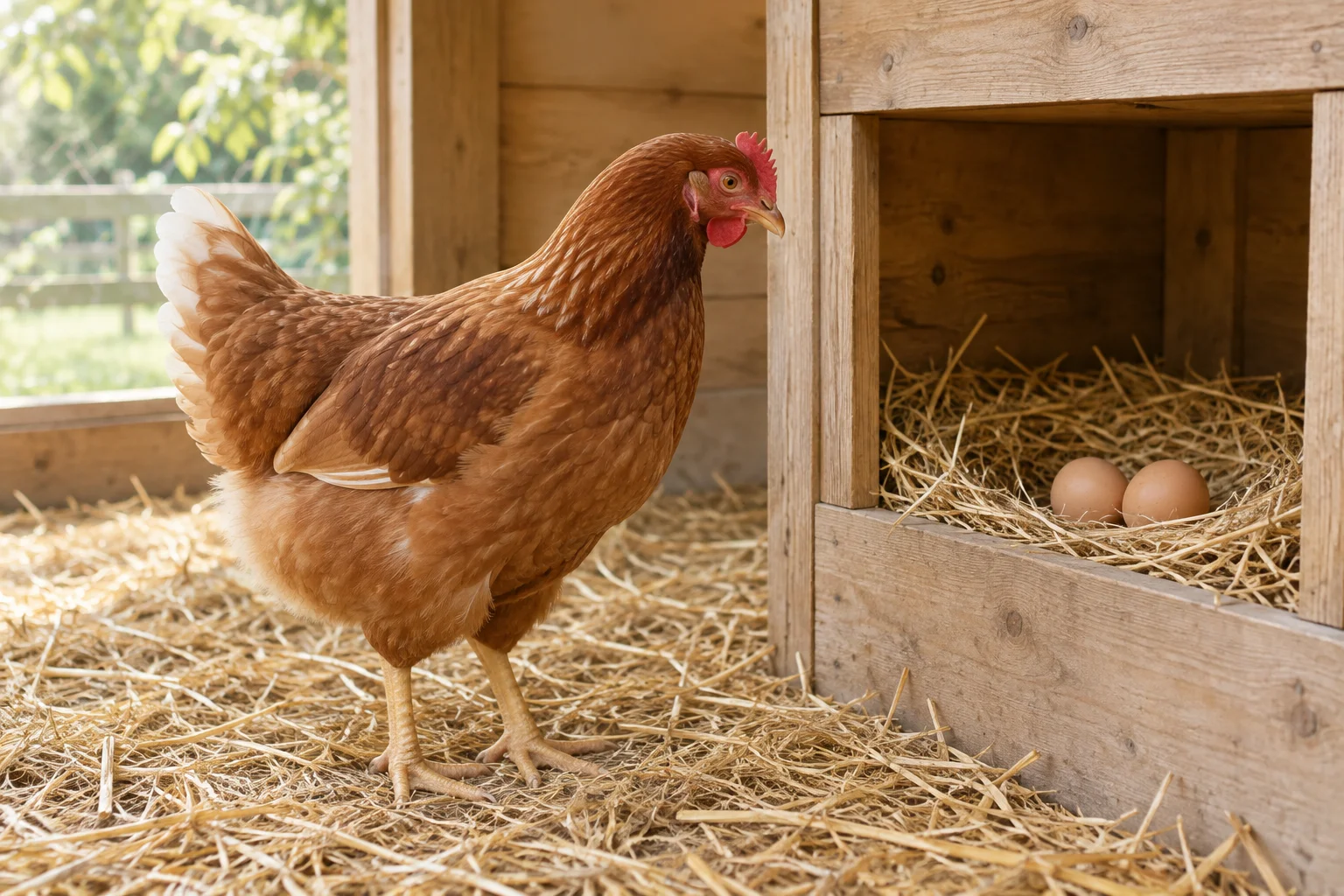 Bruine hen staat op stro naast een houten legnest met twee eieren.