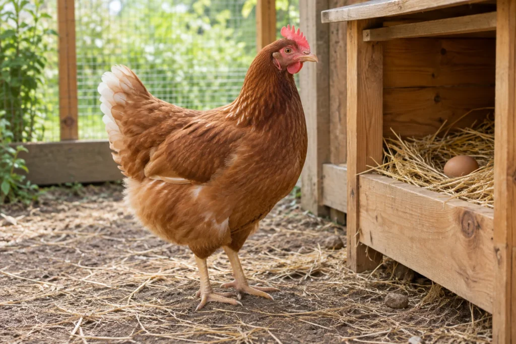 Bruine kip staat op stro naast een houten legnest met een ei.