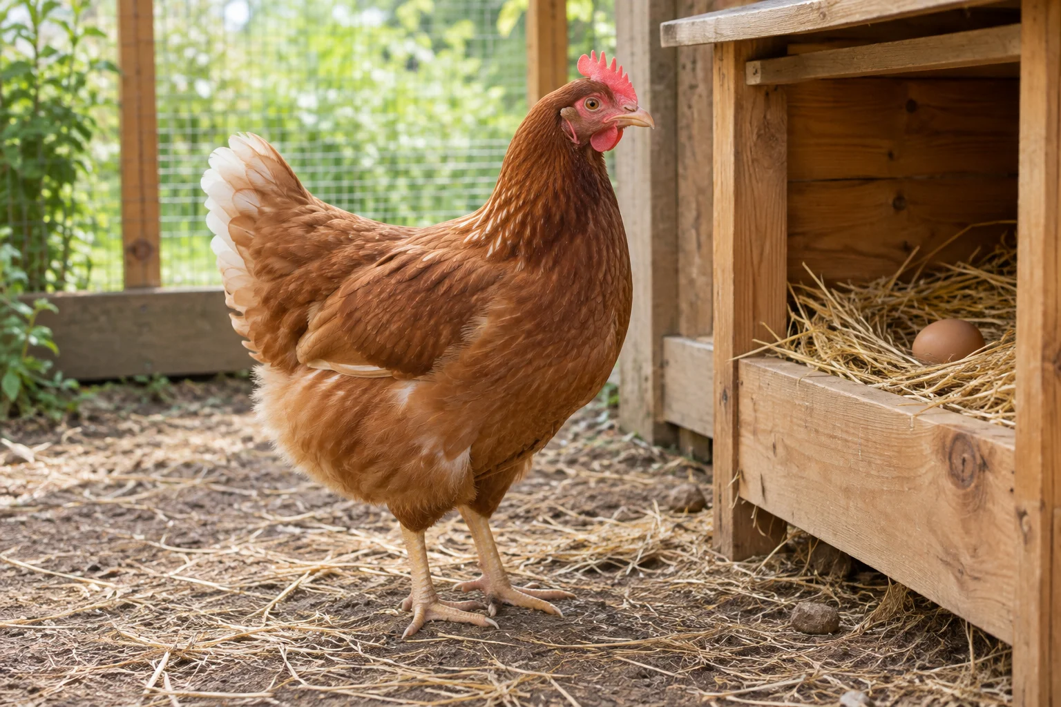 Bruine kip staat op stro naast een houten legnest met een ei.