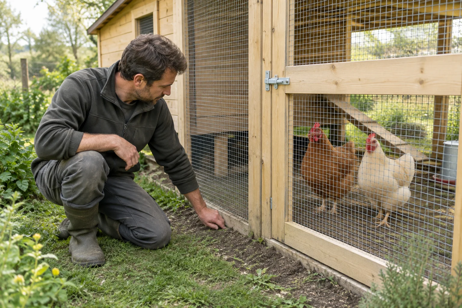 Een persoon knielt bij de onderrand van een houten kippenren en bekijkt het gaas en de aansluiting op de grond. Twee kippen staan achter het gaas.