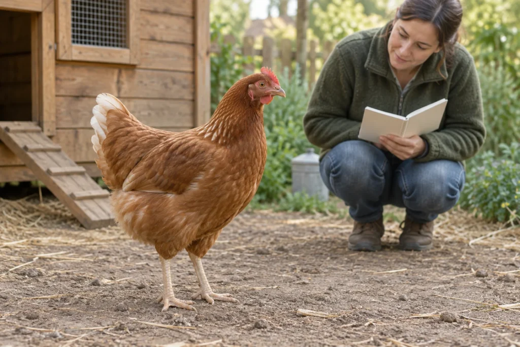 Bruine hen staat met beide poten zichtbaar op droge grond bij een houten kippenhok, terwijl een houder met een open notitieboek toekijkt.