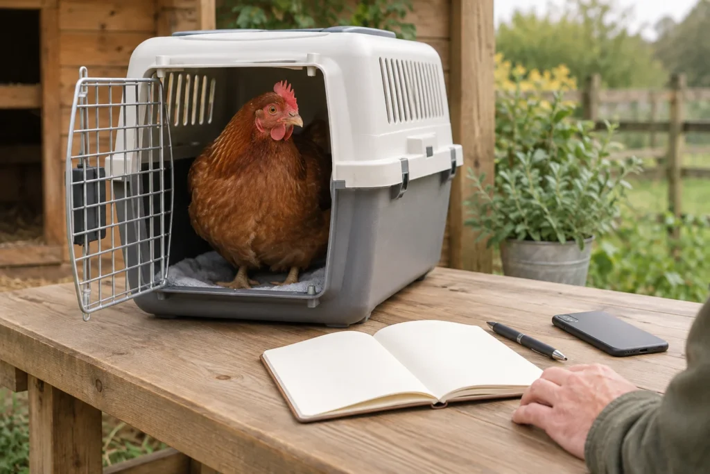 Bruine kip in een open transportbox op een houten tafel, naast een leeg notitieboek, een pen en een telefoon.
