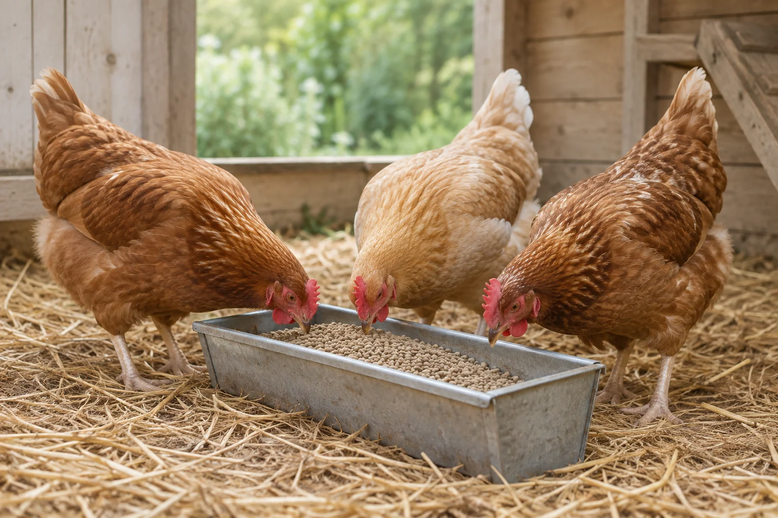 Drie kippen eten korrelvoer uit een metalen voerbak in een kippenhok.