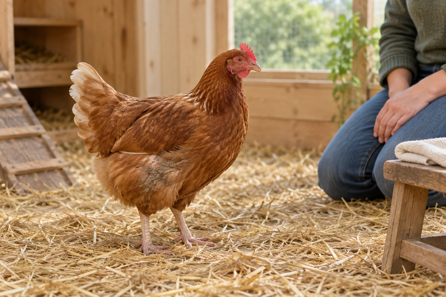 Bruine hen met een plek aarde op haar zij staat op stro, terwijl iemand naast haar zit. Een doek ligt op een krukje.