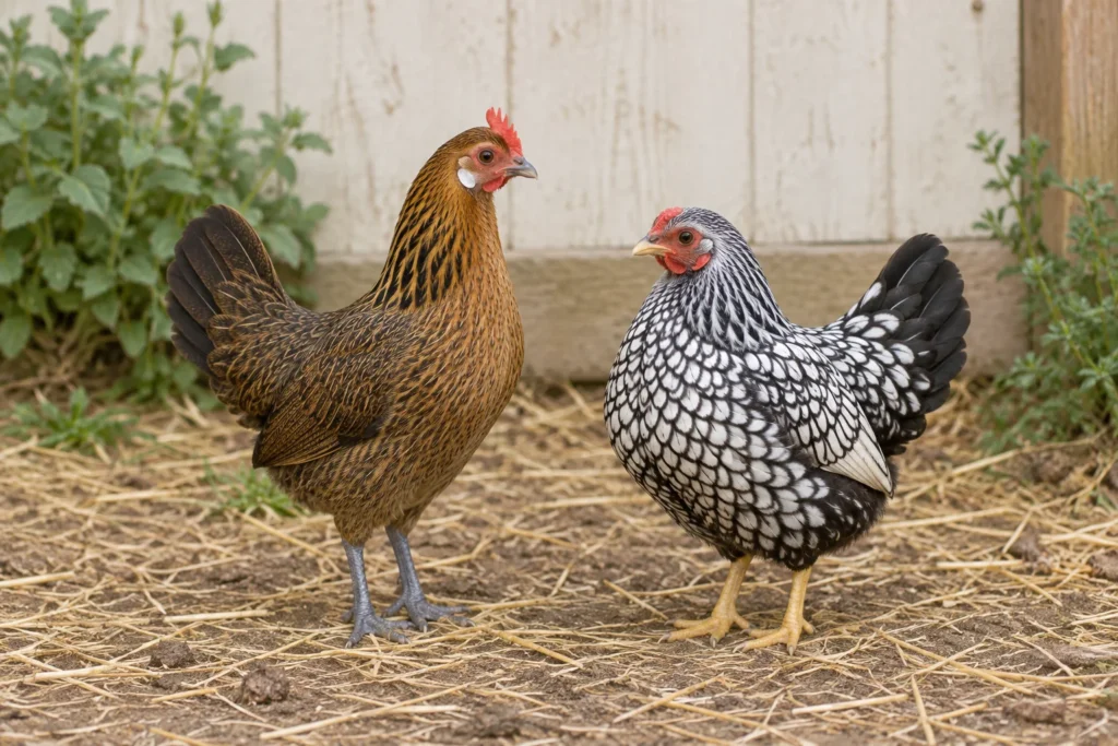 Twee krielhennen in een buitenren: links een bruinzwarte hen met leiblauwe poten, rechts een zwart wit getekende hen met gele poten.