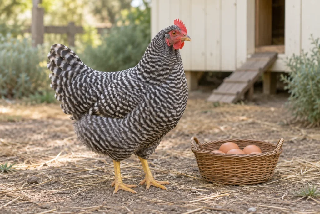 Gestreepte hen staat naast een rieten mand met bruine eieren, voor een houten kippenhok.