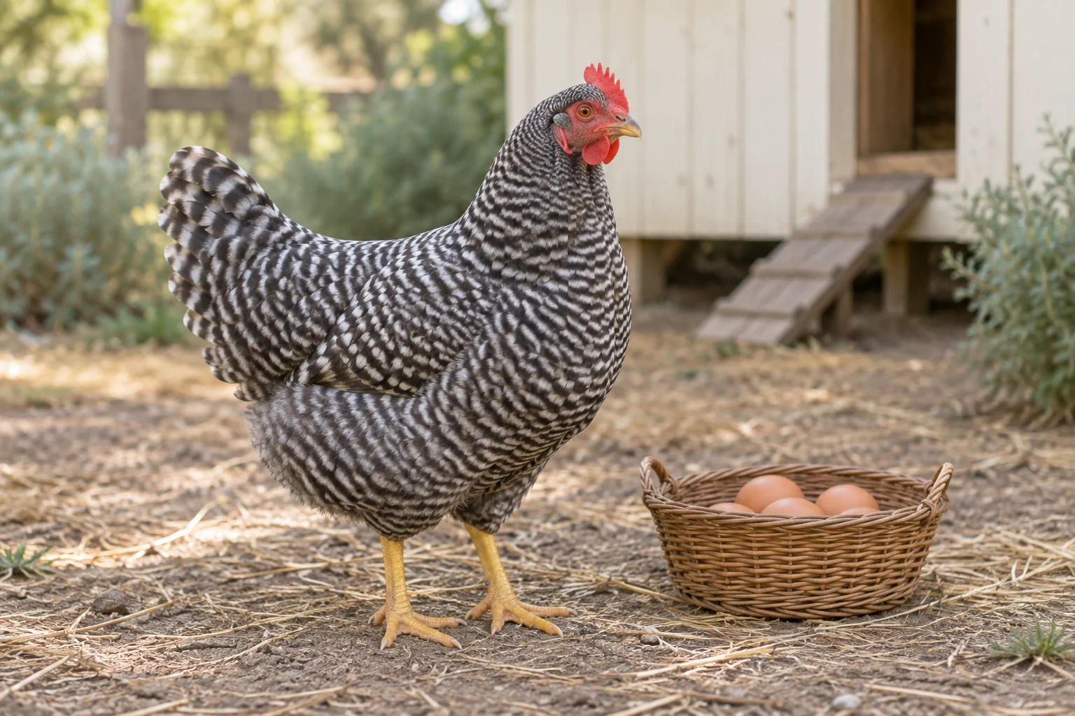 Gestreepte hen staat naast een rieten mand met bruine eieren, voor een houten kippenhok.