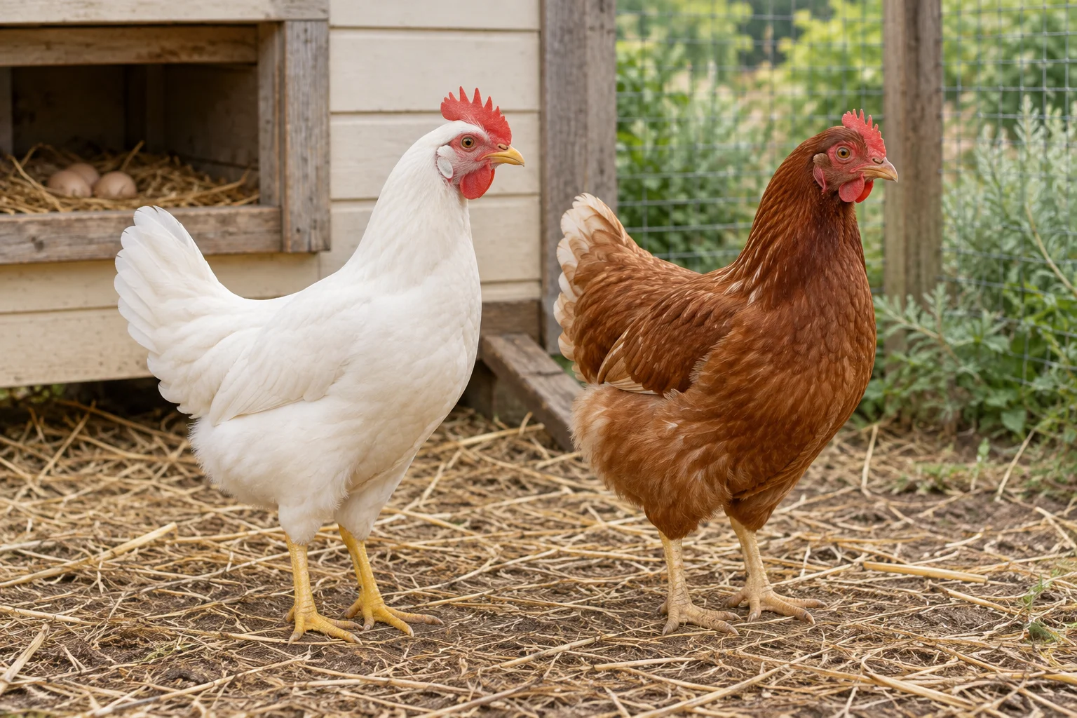 Een witte en een bruine hen staan op stro naast een houten kippenhok; in een nest liggen twee eieren.