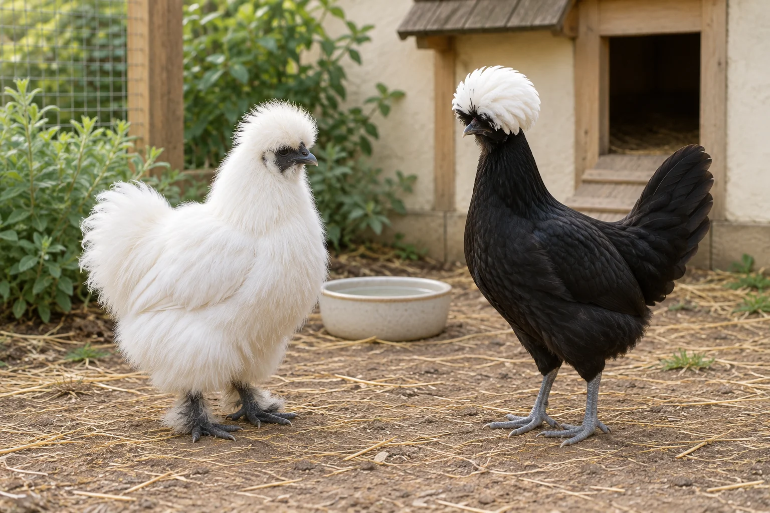 Een witte kip met pluizige veren en een zwarte kip met een witte kuif staan bij een waterschaal voor een kippenhok.