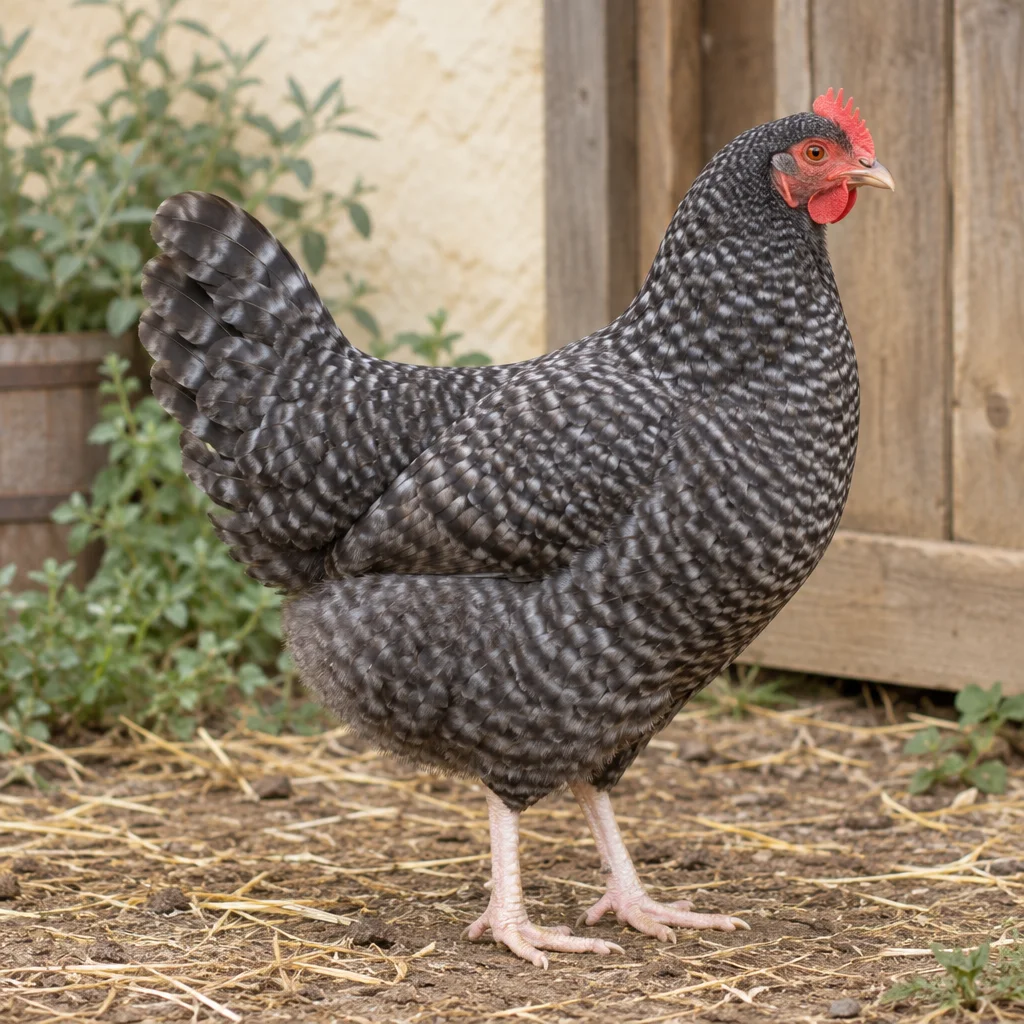 Illustratie van een hen met grijs koekoekgetekende veren, een rode kam en roze poten bij een kippenhok.