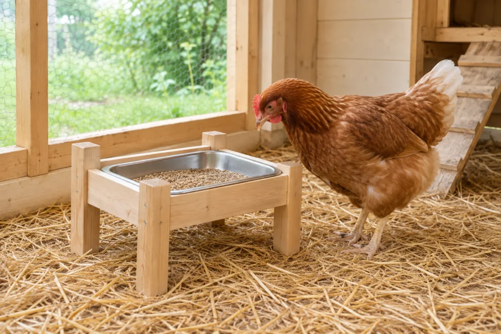 Bruine hen naast een houten voerbak met een metalen bak vol voer, op stro in een kippenhok.