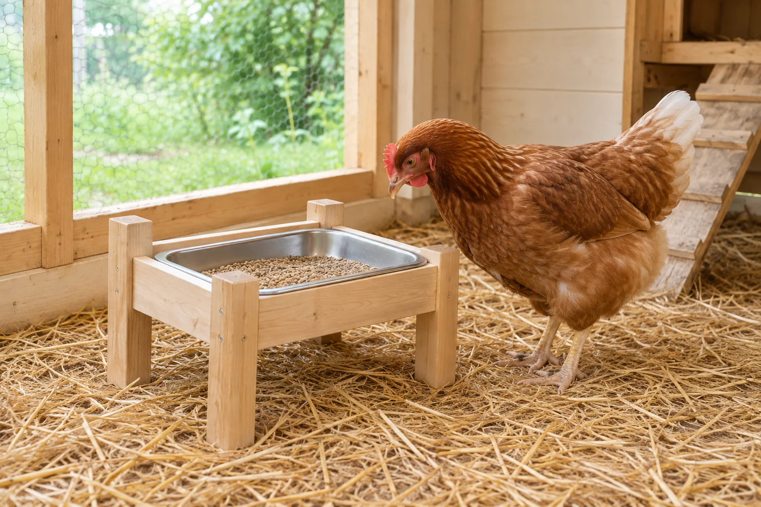 Bruine hen naast een houten voerbak met een metalen bak vol voer, op stro in een kippenhok.