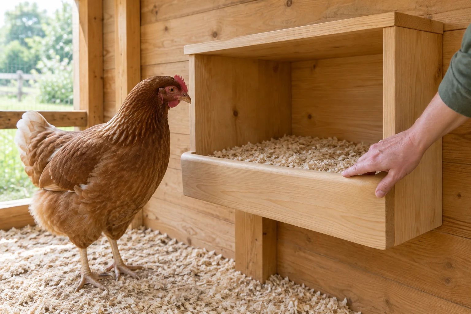 Bruine kip naast een houten legnest met houtkrullen; een hand raakt de voorrand aan.