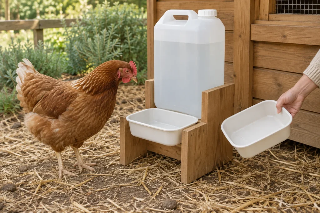 Bruine hen naast een witte jerrycan en twee kunststof bakken bij een kippenhok.